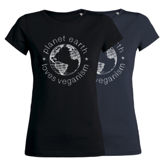 SALE! Planet Earth Loves Veganism - T-Shirt - klein/taillierter Schnitt-XL-schwarz (Auslaufmodell)